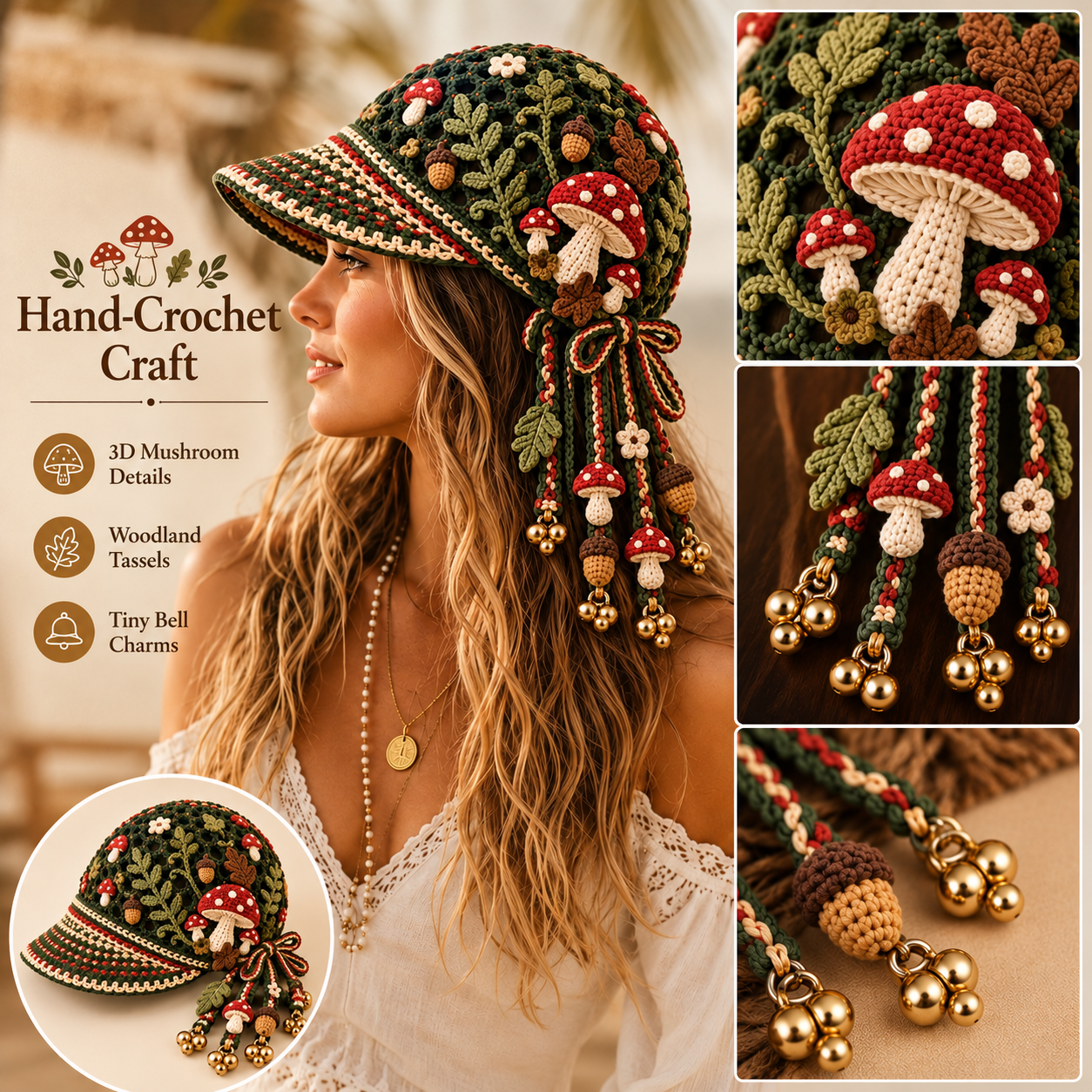 Handmade Crochet Mushroom Forest Tassel Bell Hat | Adjustable Cottagecore Woodland Headpiece