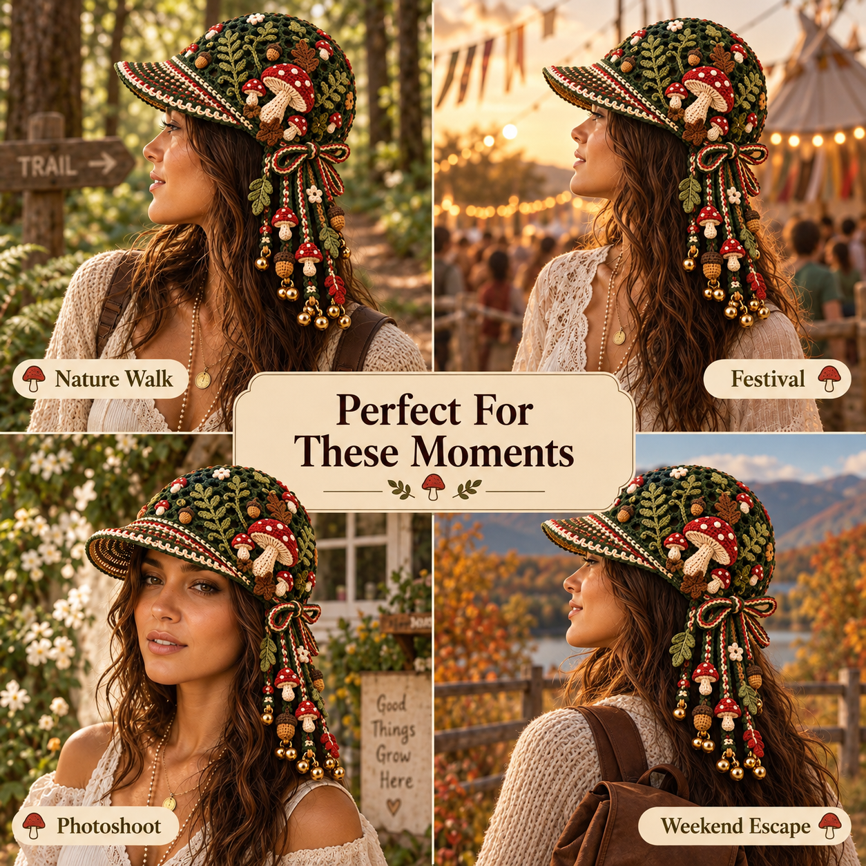 Handmade Crochet Mushroom Forest Tassel Bell Hat | Adjustable Cottagecore Woodland Headpiece