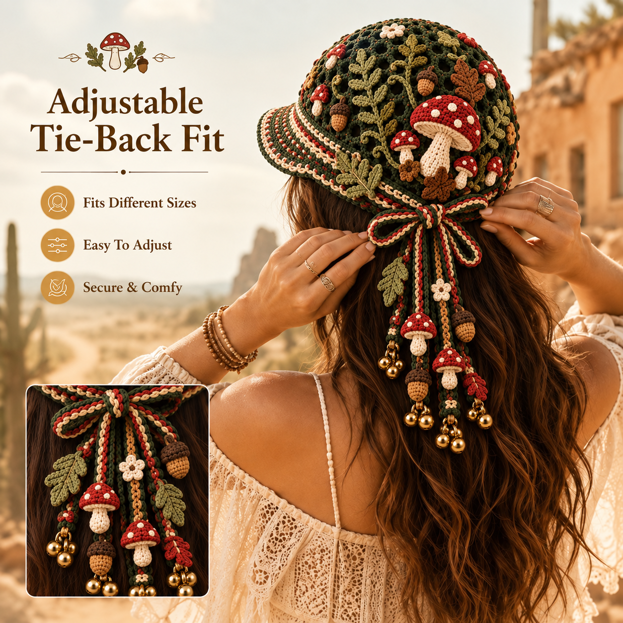 Handmade Crochet Mushroom Forest Tassel Bell Hat | Adjustable Cottagecore Woodland Headpiece