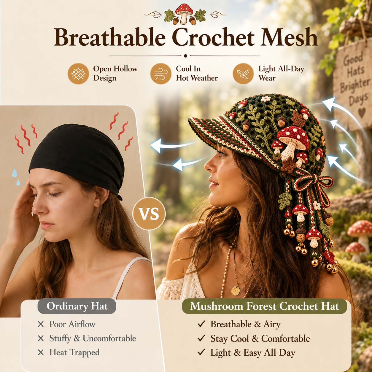 Handmade Crochet Mushroom Forest Tassel Bell Hat | Adjustable Cottagecore Woodland Headpiece