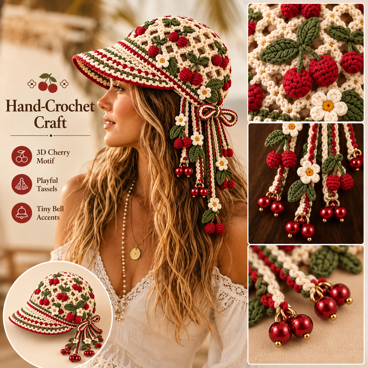 Handmade Crochet Cherry Picnic Tassel Bell Hat | Adjustable Cottagecore Summer Headpiece