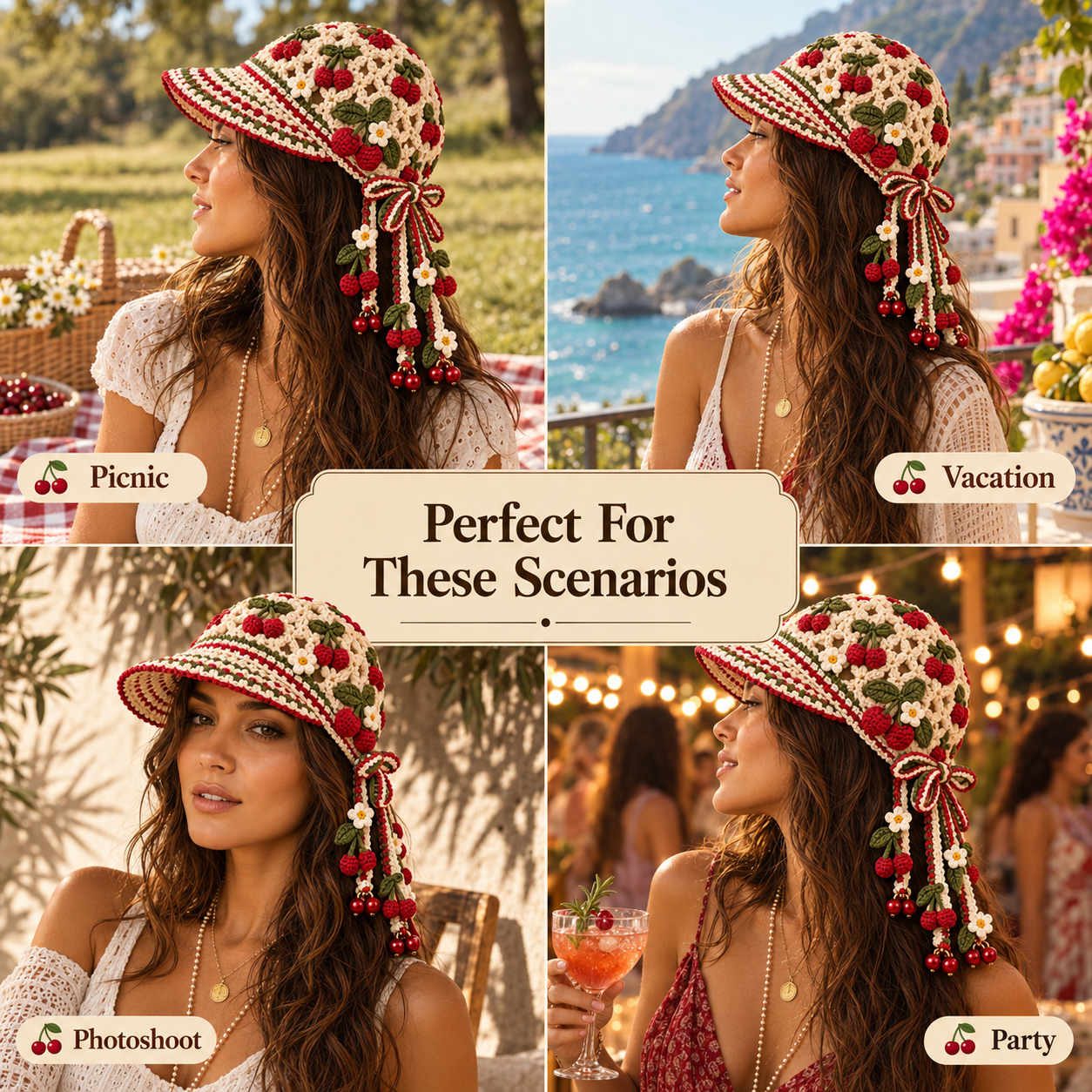 Handmade Crochet Cherry Picnic Tassel Bell Hat | Adjustable Cottagecore Summer Headpiece
