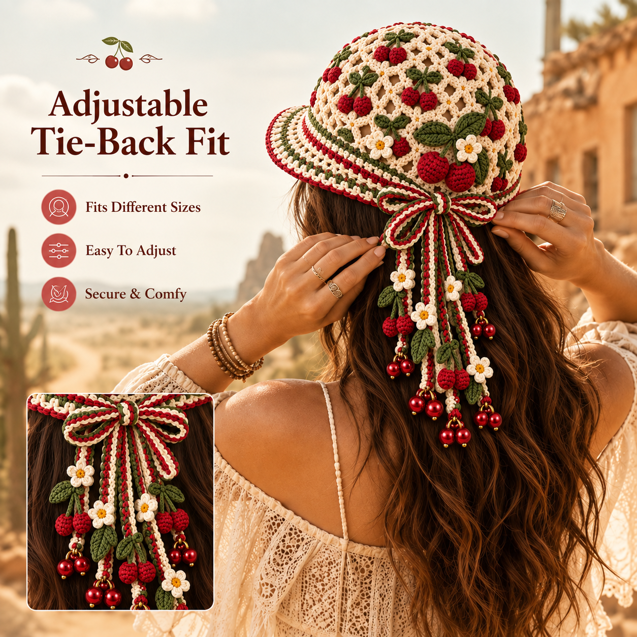 Handmade Crochet Cherry Picnic Tassel Bell Hat | Adjustable Cottagecore Summer Headpiece
