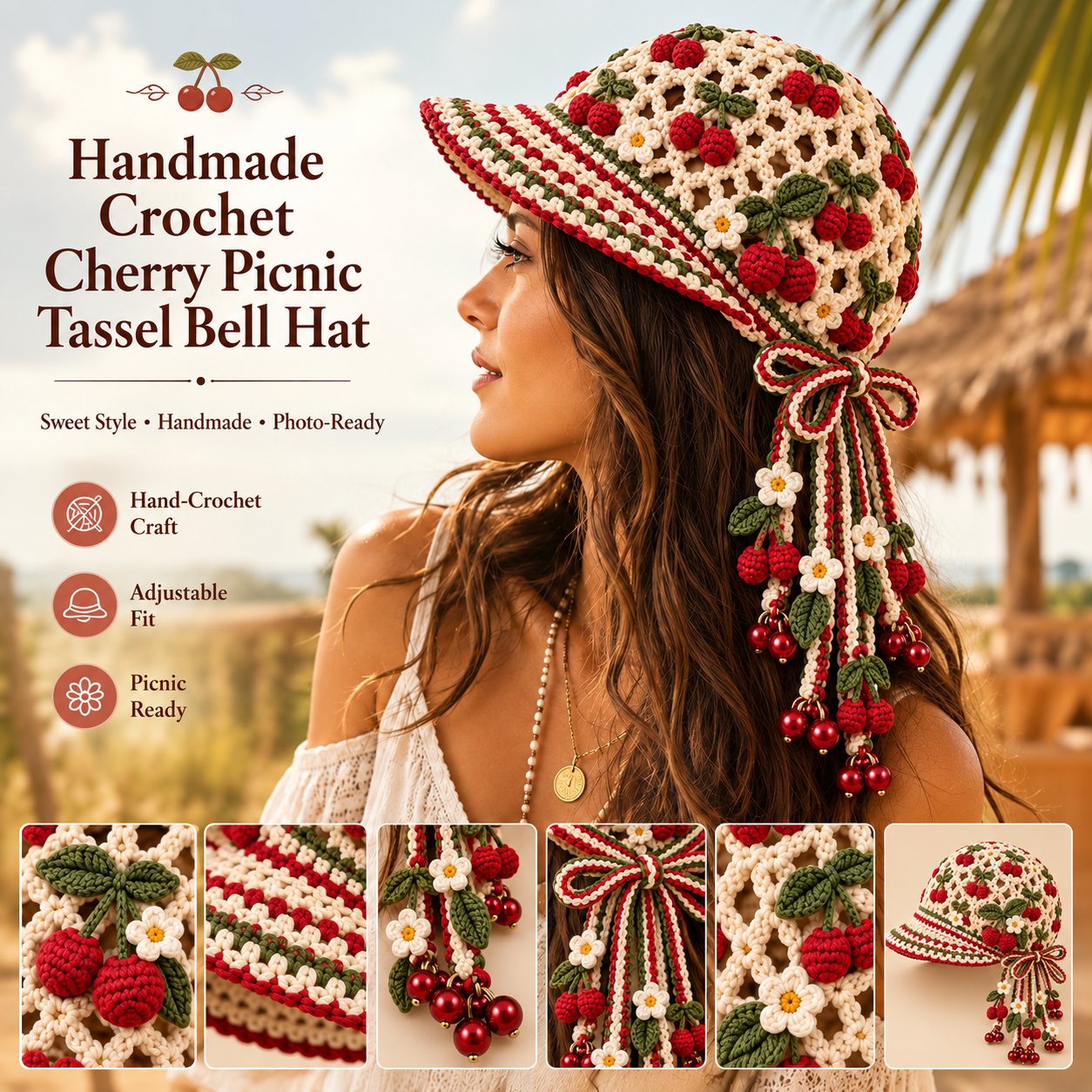 Handmade Crochet Cherry Picnic Tassel Bell Hat | Adjustable Cottagecore Summer Headpiece