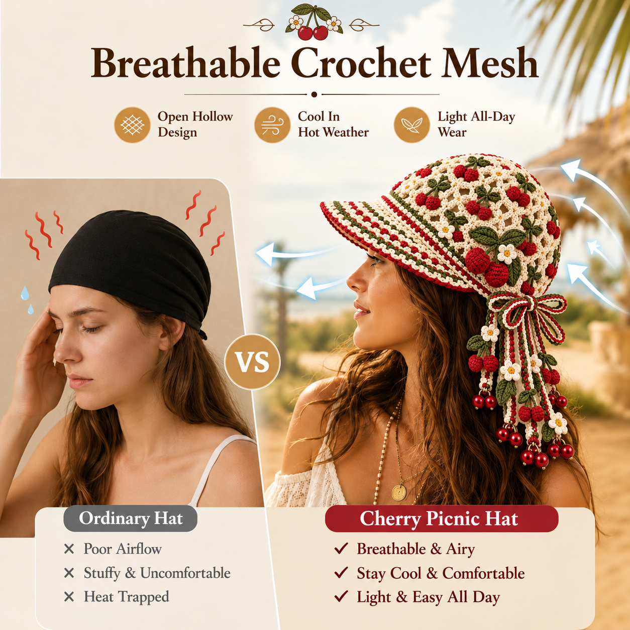 Handmade Crochet Cherry Picnic Tassel Bell Hat | Adjustable Cottagecore Summer Headpiece