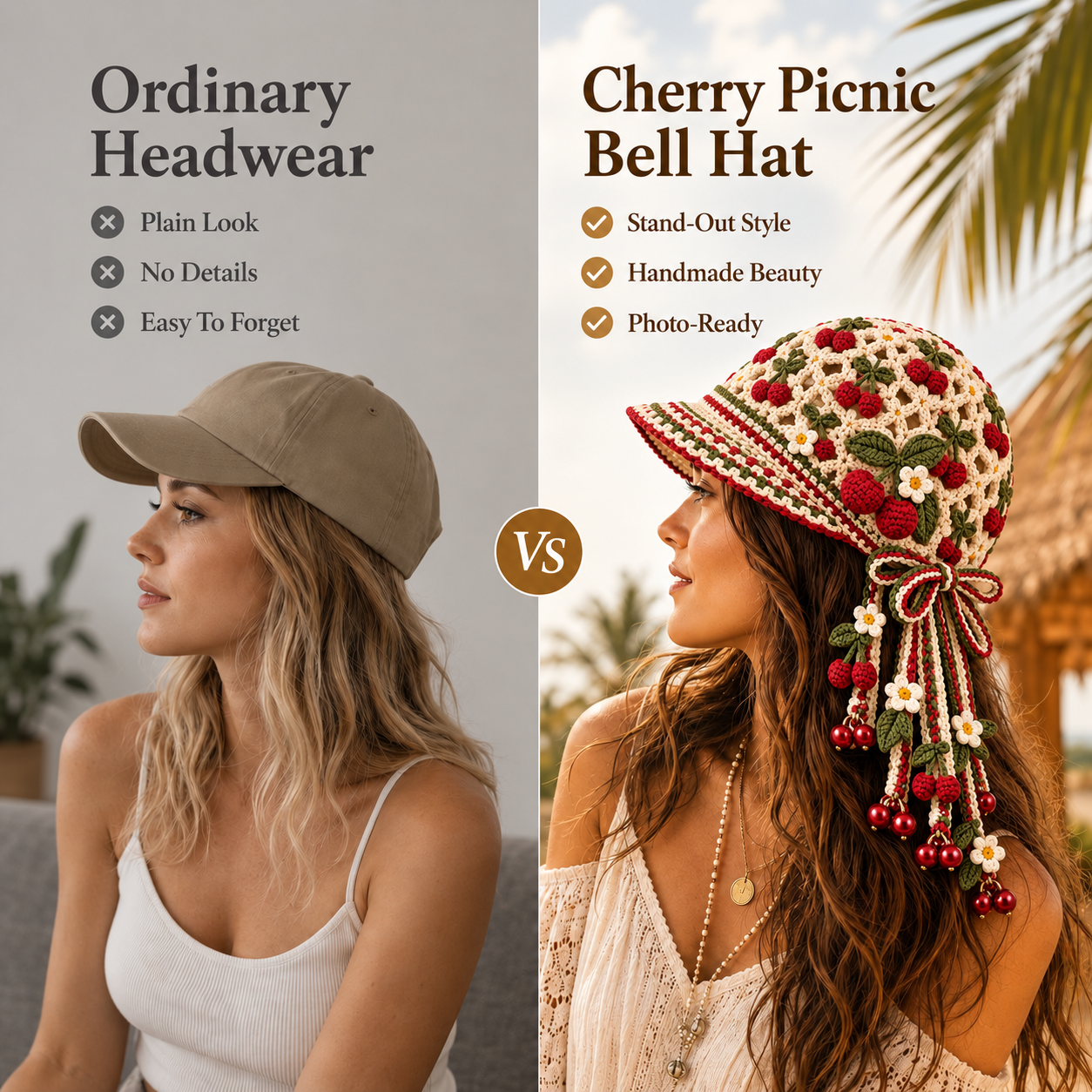Handmade Crochet Cherry Picnic Tassel Bell Hat | Adjustable Cottagecore Summer Headpiece
