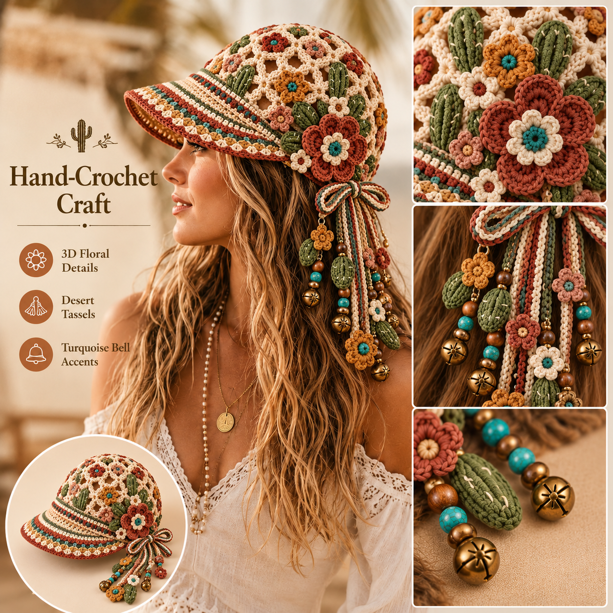 Handmade Crochet Western Desert Bloom Tassel Bell Hat | Adjustable Boho Western Festival Headpiece