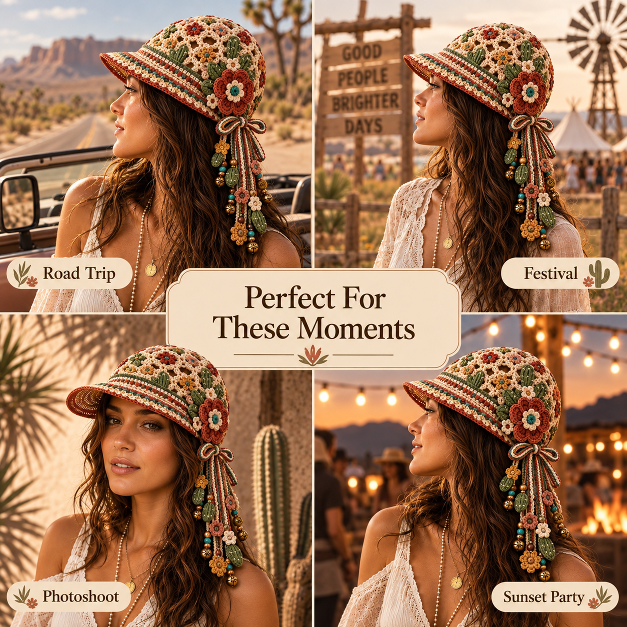 Handmade Crochet Western Desert Bloom Tassel Bell Hat | Adjustable Boho Western Festival Headpiece