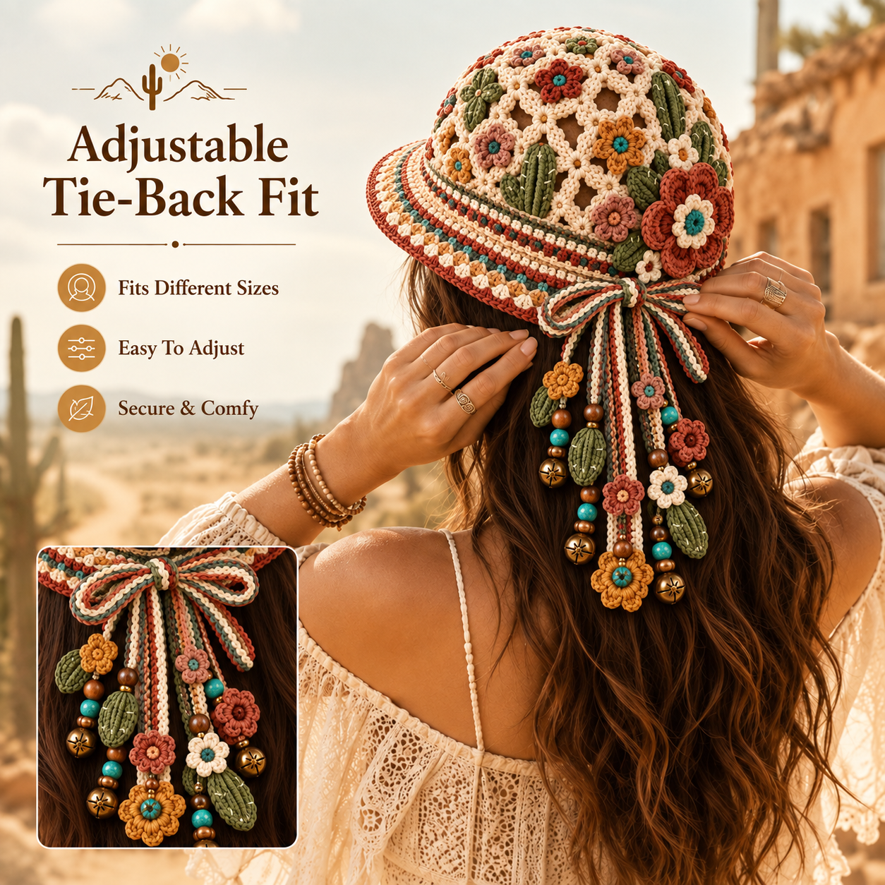 Handmade Crochet Western Desert Bloom Tassel Bell Hat | Adjustable Boho Western Festival Headpiece