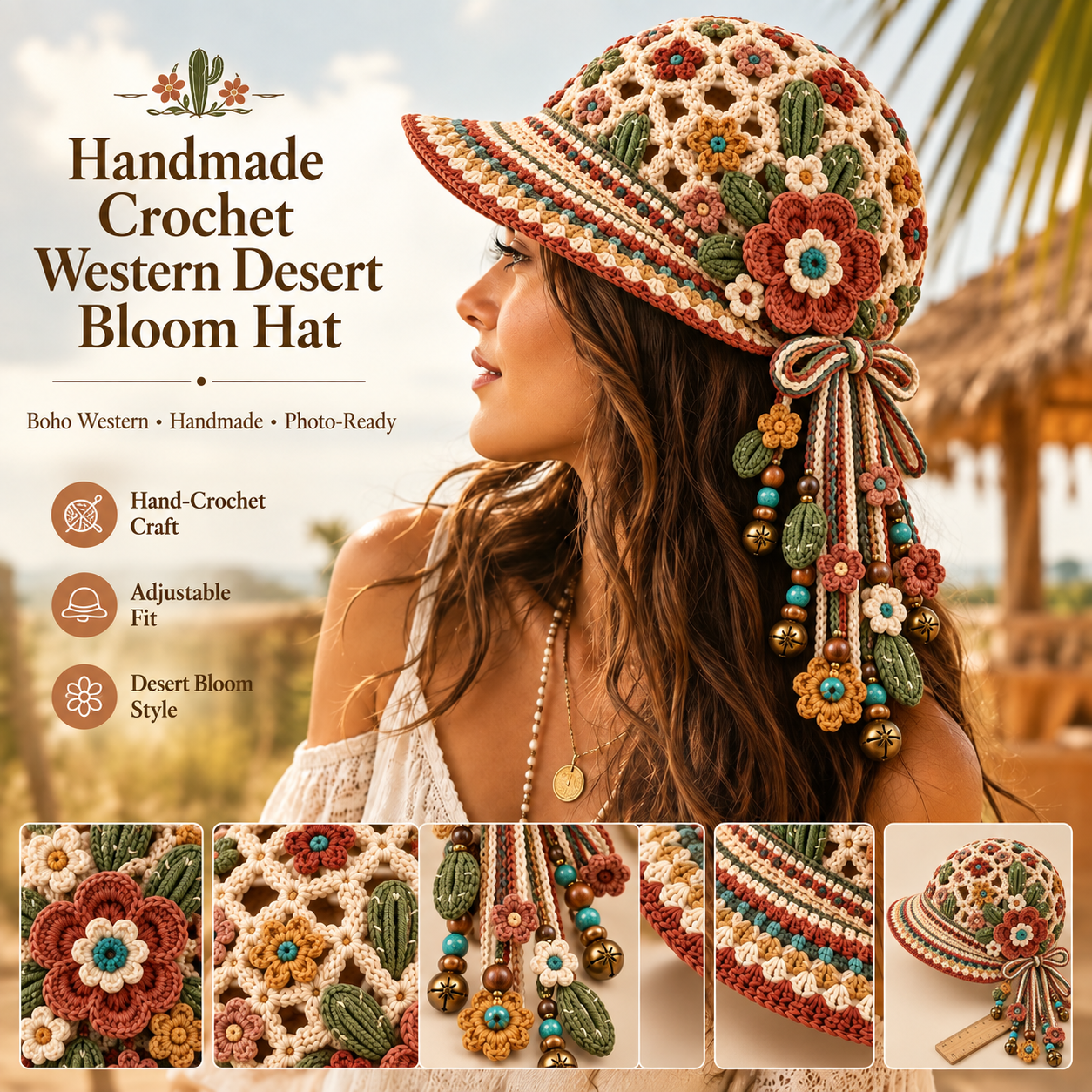 Handmade Crochet Western Desert Bloom Tassel Bell Hat | Adjustable Boho Western Festival Headpiece
