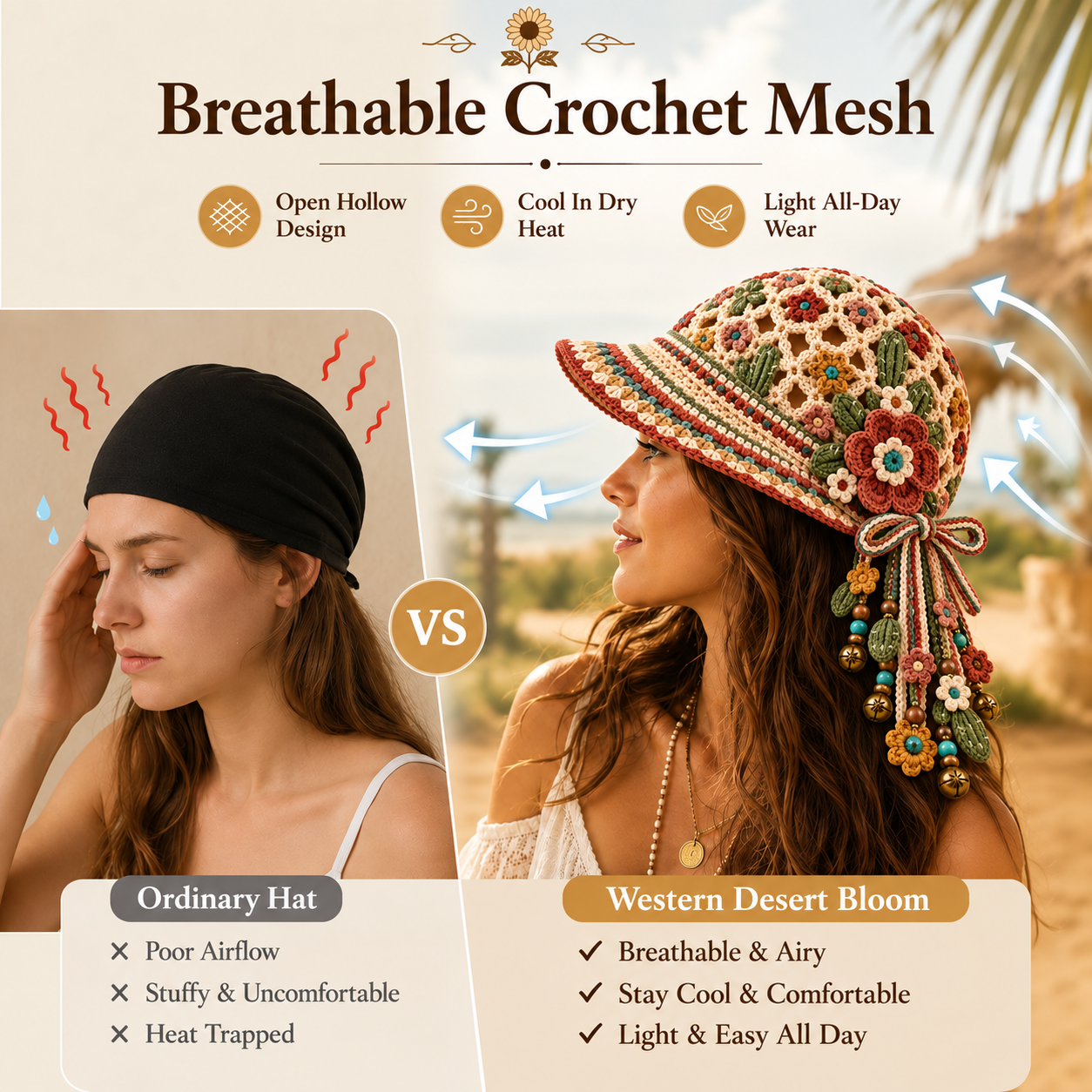 Handmade Crochet Western Desert Bloom Tassel Bell Hat | Adjustable Boho Western Festival Headpiece