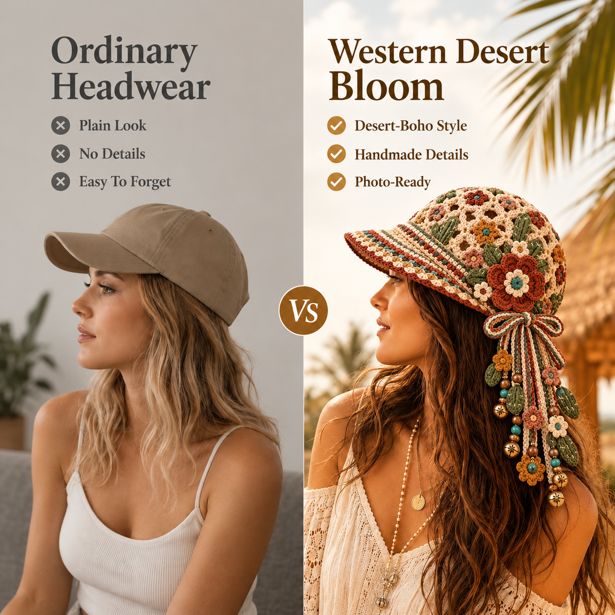 Handmade Crochet Western Desert Bloom Tassel Bell Hat | Adjustable Boho Western Festival Headpiece