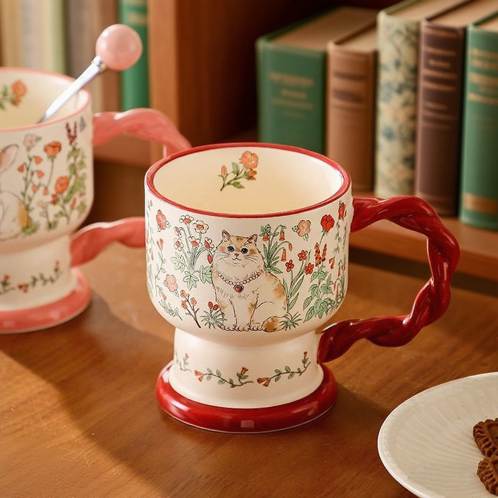 Whimsical Garden Animal Mug – Vintage Botanical Ceramic Cup with Branch Handle