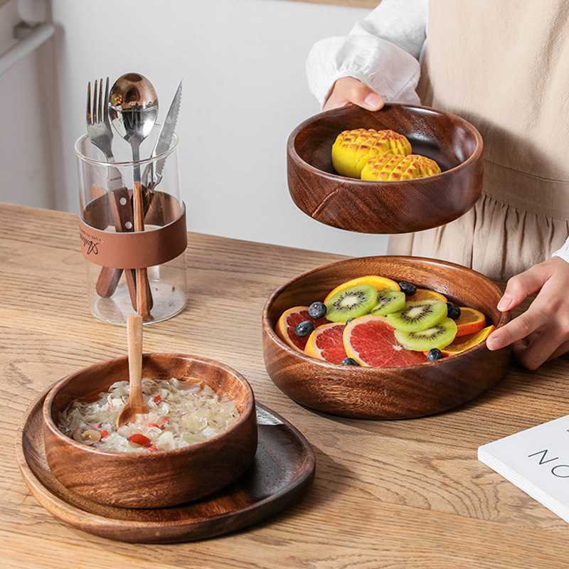 Natural Wood Serving Bowl Set – 3-Piece Rustic Tableware Collection
