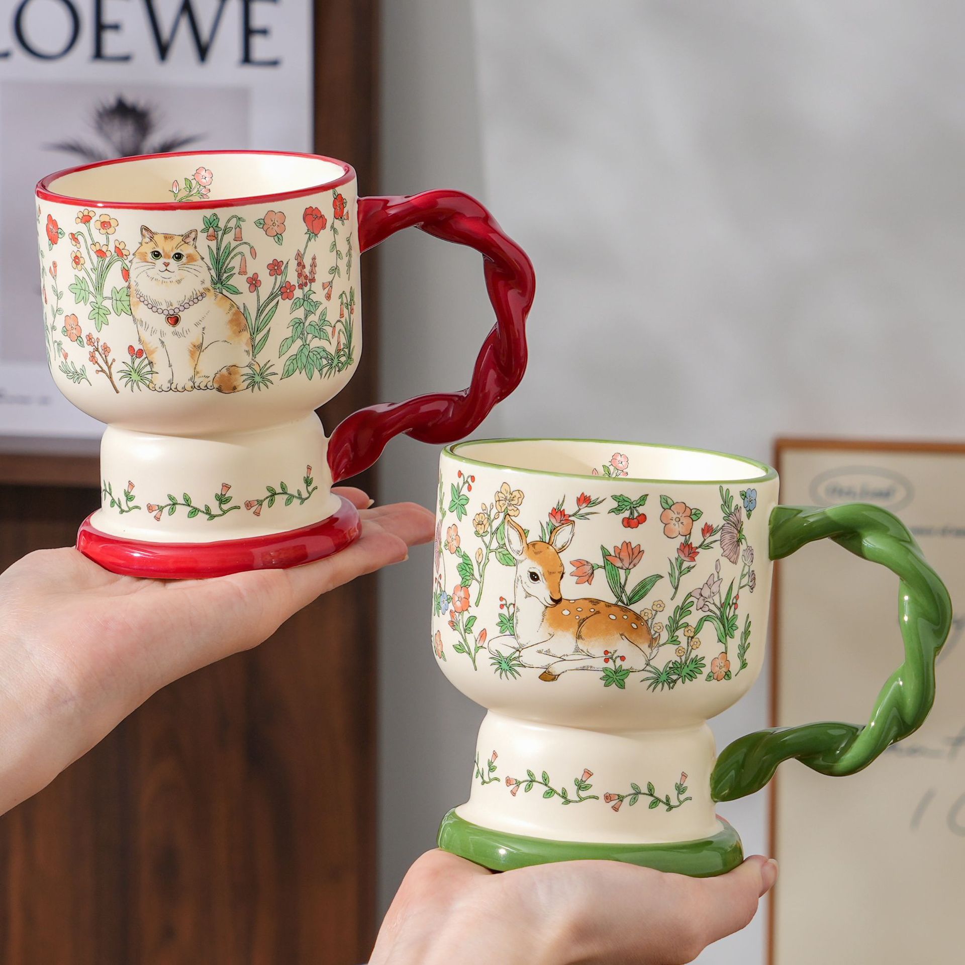Whimsical Garden Animal Mug – Vintage Botanical Ceramic Cup with Branch Handle