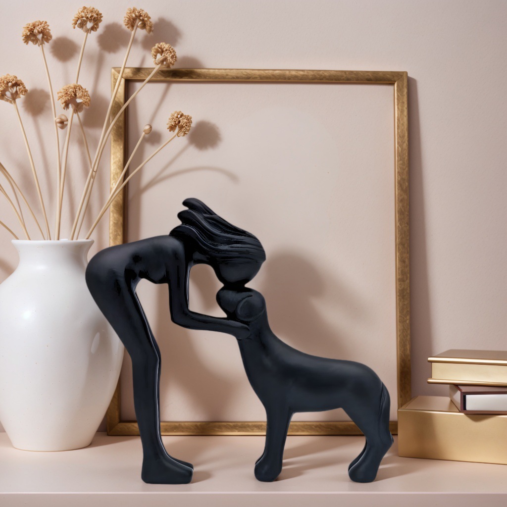 Woman & Dog Love Sculpture – Modern Abstract Dog Lover Home Décor