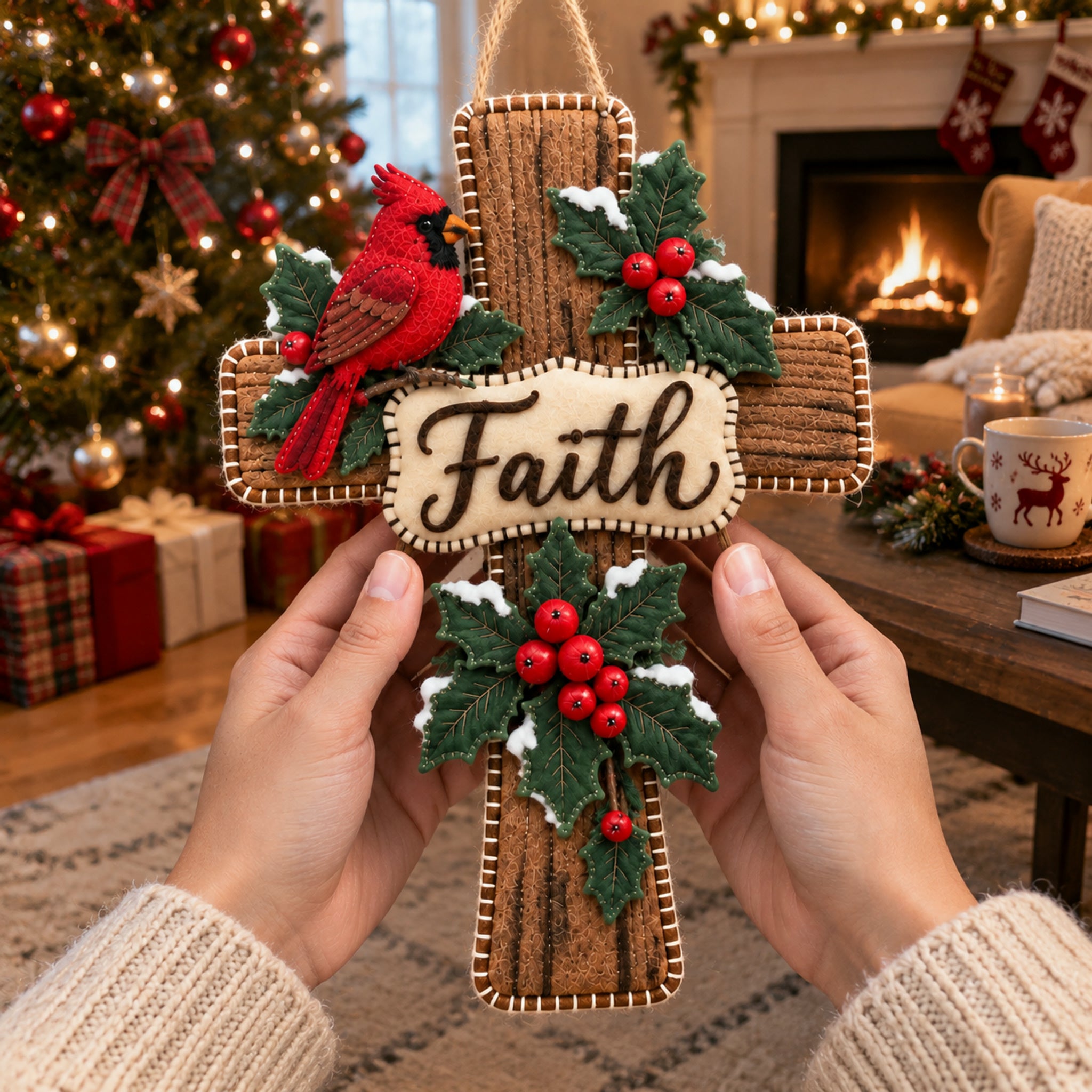  ✝️ Faith & Christmas Blessings – Cardinal Wooden Cross Door Hanger