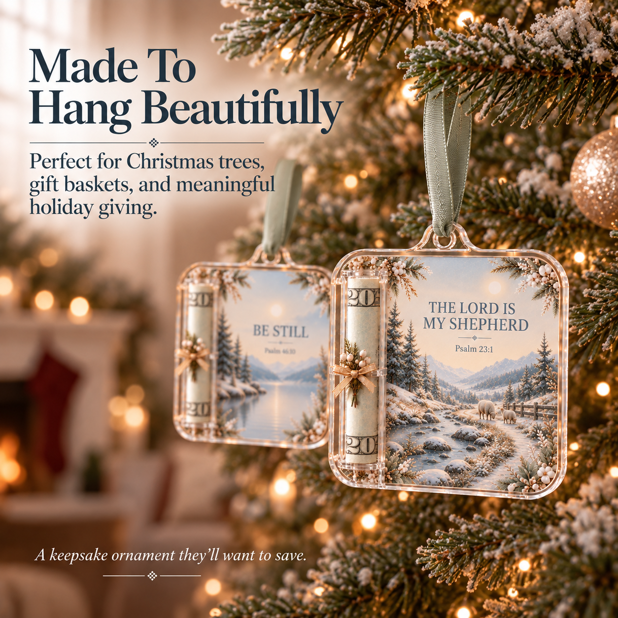 Scripture cash gift ornament hanging beautifully on a Christmas tree