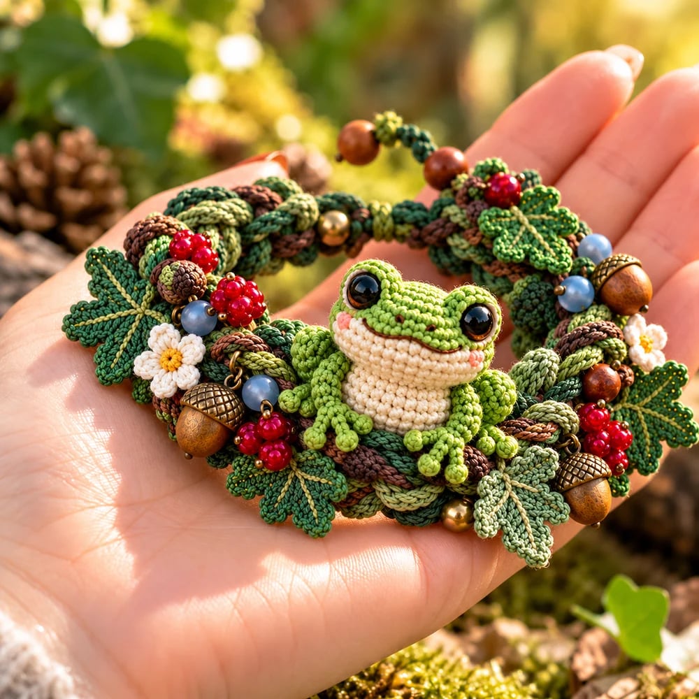 Mossy Frog woodland crochet bracelet