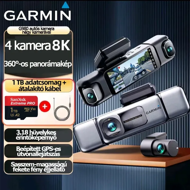  🔥 🔥 🔥Garmin G980 AI Hangvezérelt Autós Kamera – 4K Ultra HD, 360°-os Panorama, 4 Kamerás Rendszer, Éjjellátóval és GPS-követéssel 🔥 🔥 🔥