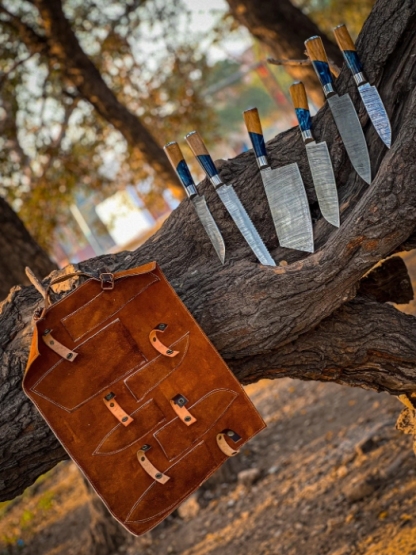 Set de 6 cuțite de bucătărie din oțel damasc, de culoare albastră marină, cuțit de exterior, cuțit de legume, cuțit de bucătar din oțel damasc.