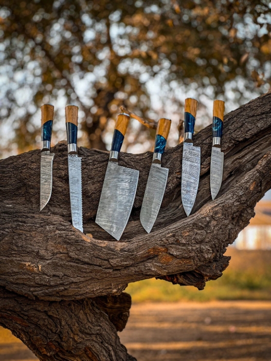 Set de 6 cuțite de bucătărie din oțel damasc, de culoare albastră marină, cuțit de exterior, cuțit de legume, cuțit de bucătar din oțel damasc.