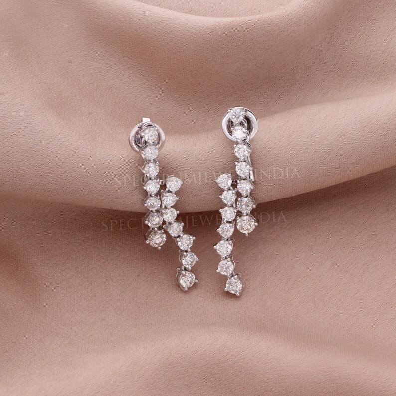 18k White Gold Diamond Ear Jacket Earrings, Round Cut Dangle, 3 Prong Setting