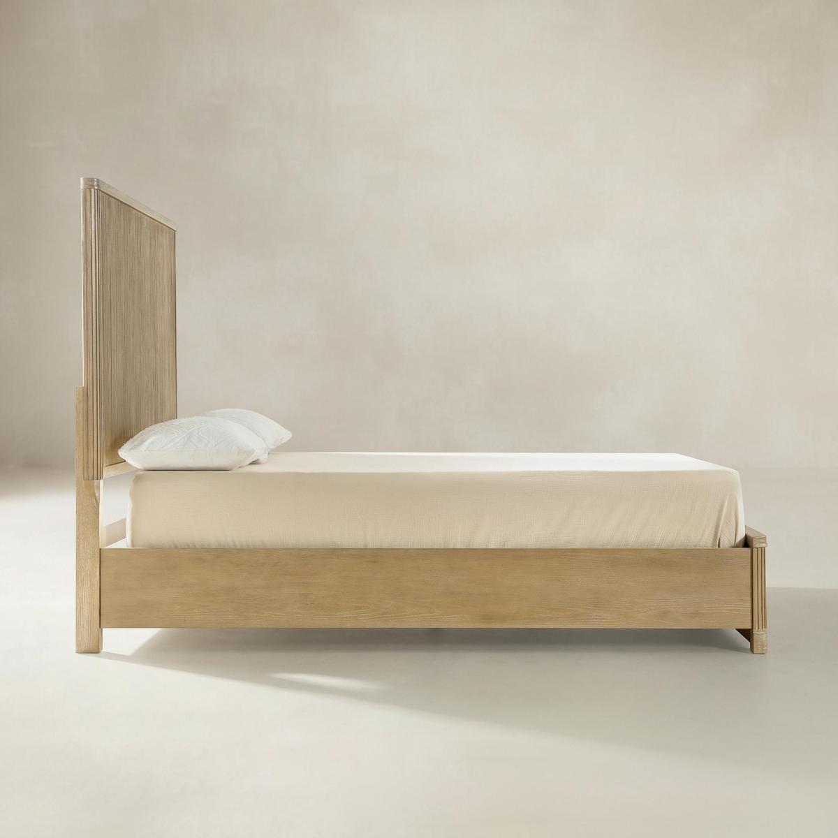 Modern solid wood bed with fluted panel headboard in walnut finish,side view