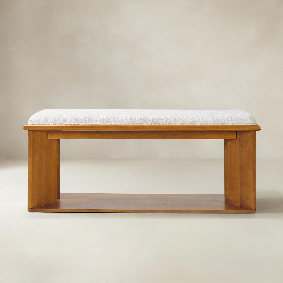 Mid-Century Modern Wood Bench with Open Shoe Storage Shelf