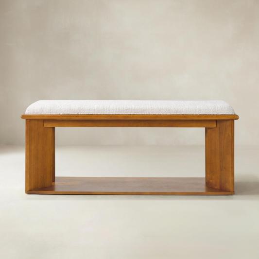 Mid-Century Modern Wood Bench with Open Shoe Storage Shelf