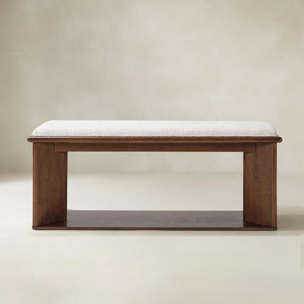 Mid-Century Modern Wood Bench with Open Shoe Storage Shelf