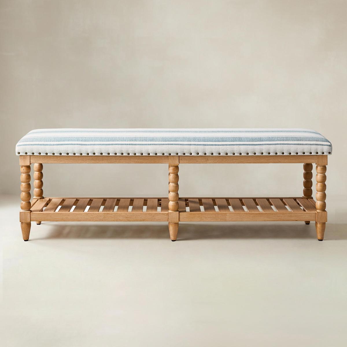 Felipa Farmhouse Rustic Wood Bench with Upholstered Seat and Storage Shelf