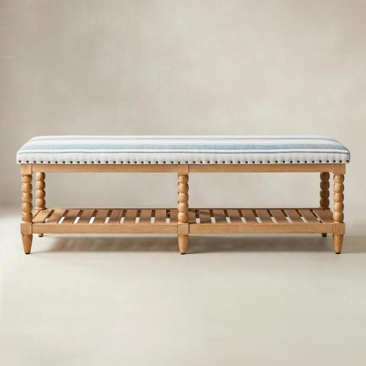 Felipa Farmhouse Rustic Wood Bench with Upholstered Seat and Storage Shelf