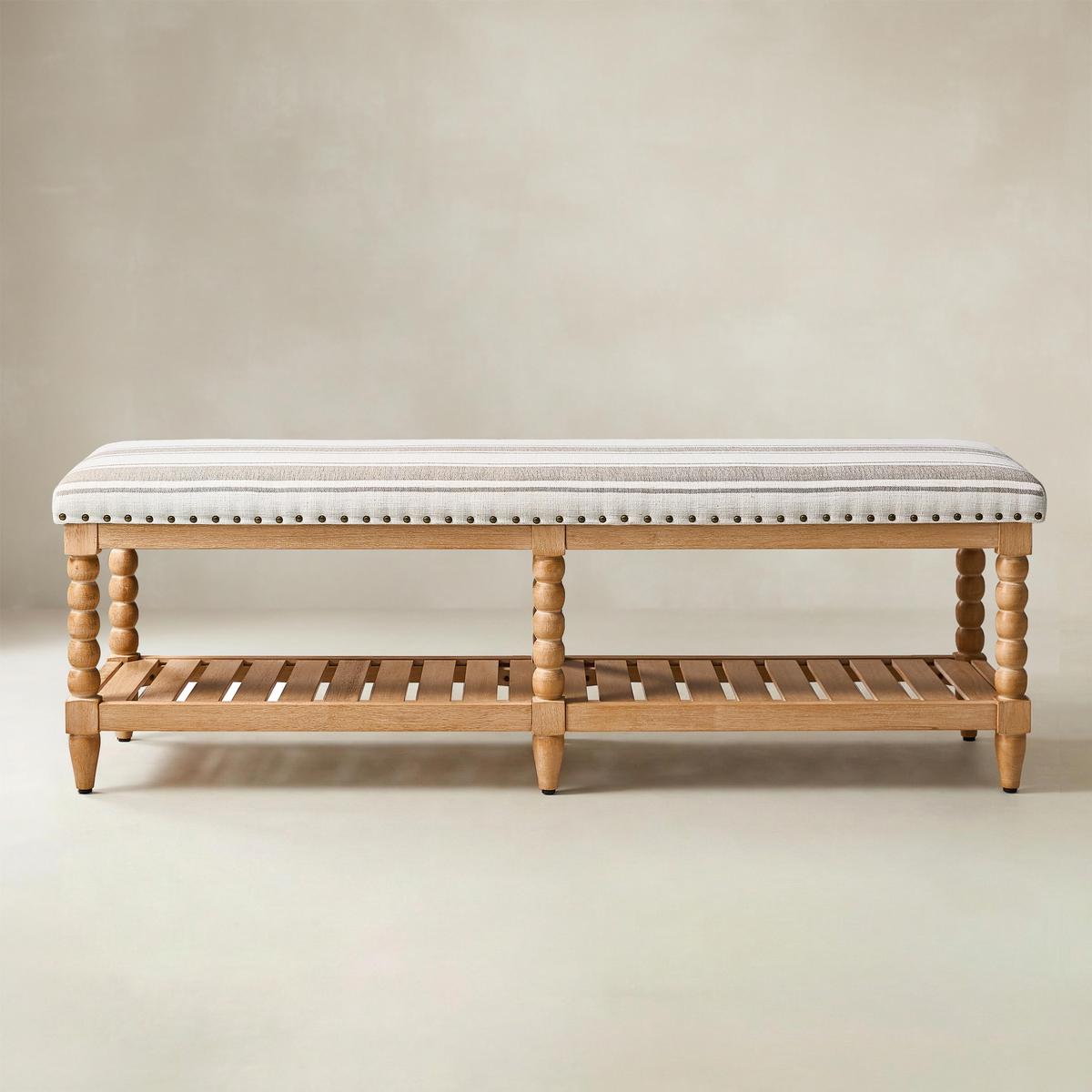 Felipa Farmhouse Rustic Wood Bench with Upholstered Seat and Storage Shelf