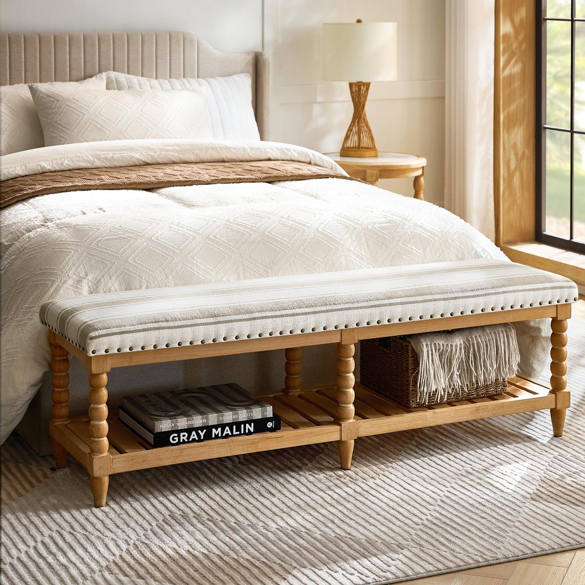 Felipa Farmhouse Rustic Wood Bench with Upholstered Seat and Storage Shelf