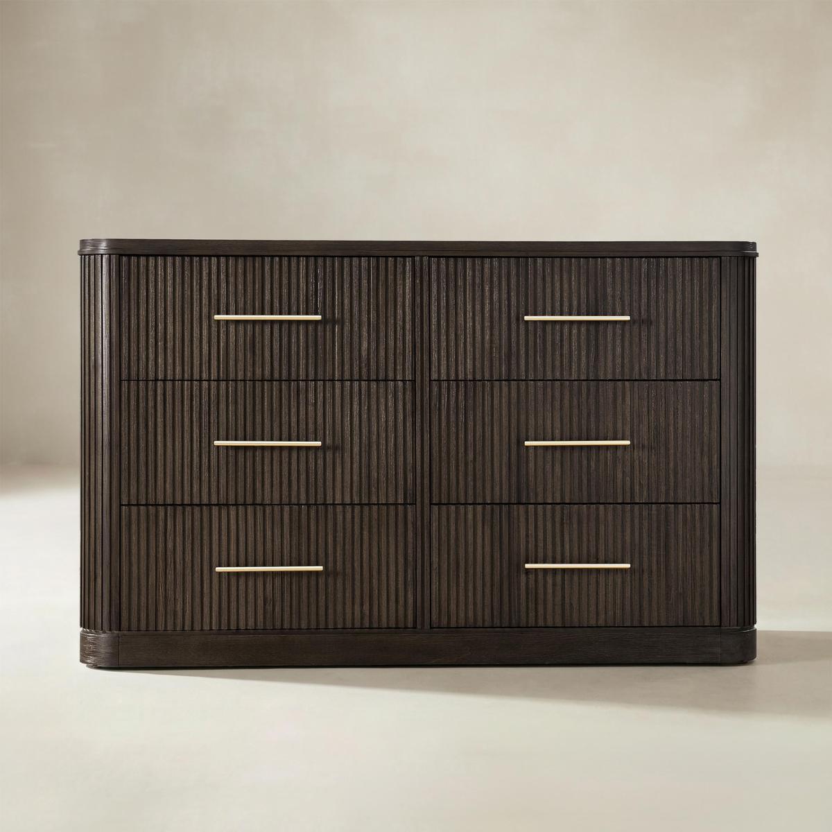 Size diagram of modern fluted solid wood dresser with 6 drawers in natural finish