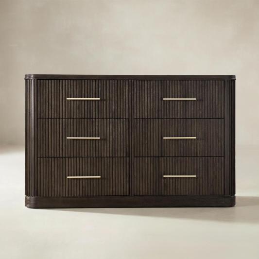 Size diagram of modern fluted solid wood dresser with 6 drawers in natural finish