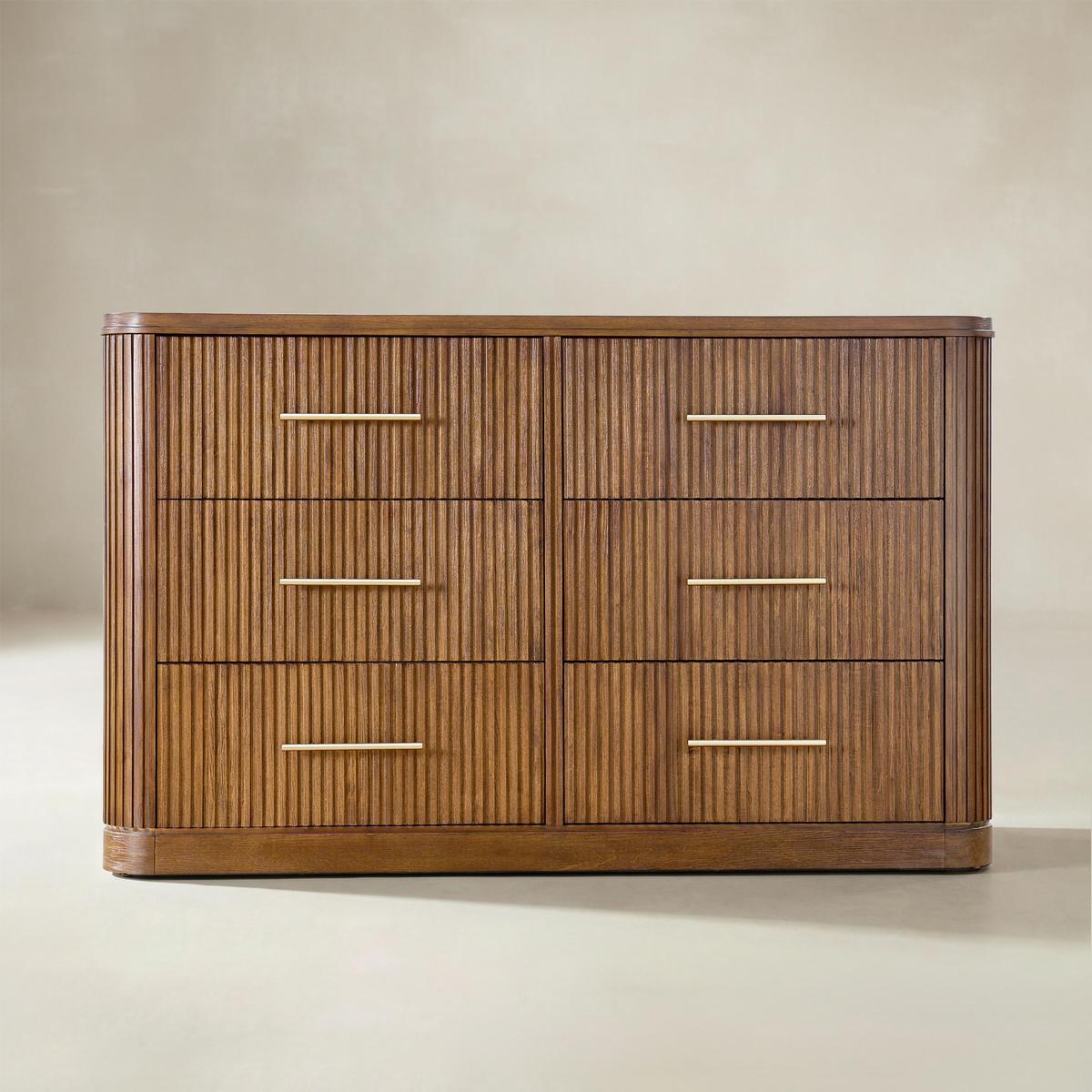 Verral Modern Solid Wood Fluted Dresser with 6 Drawers & Oak Texture