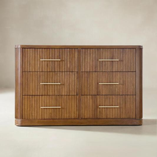 Verral Modern Solid Wood Fluted Dresser with 6 Drawers &amp; Oak Texture