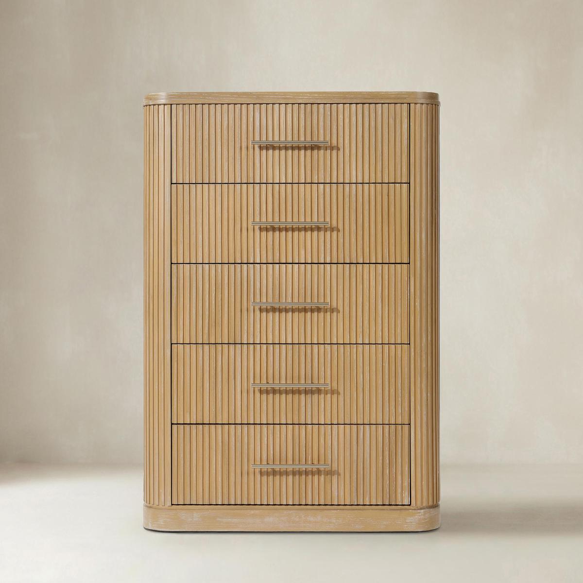 Verral Modern Solid Wood Fluted Chest with 5 Drawers & Oak Texture