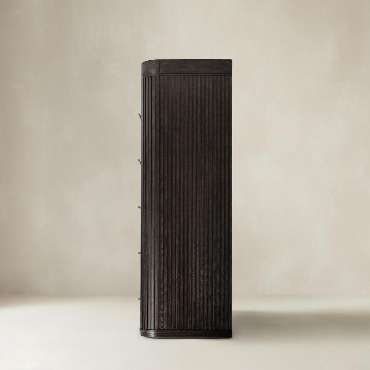 Verral Modern Solid Wood Fluted Chest with 5 Drawers & Oak Texture