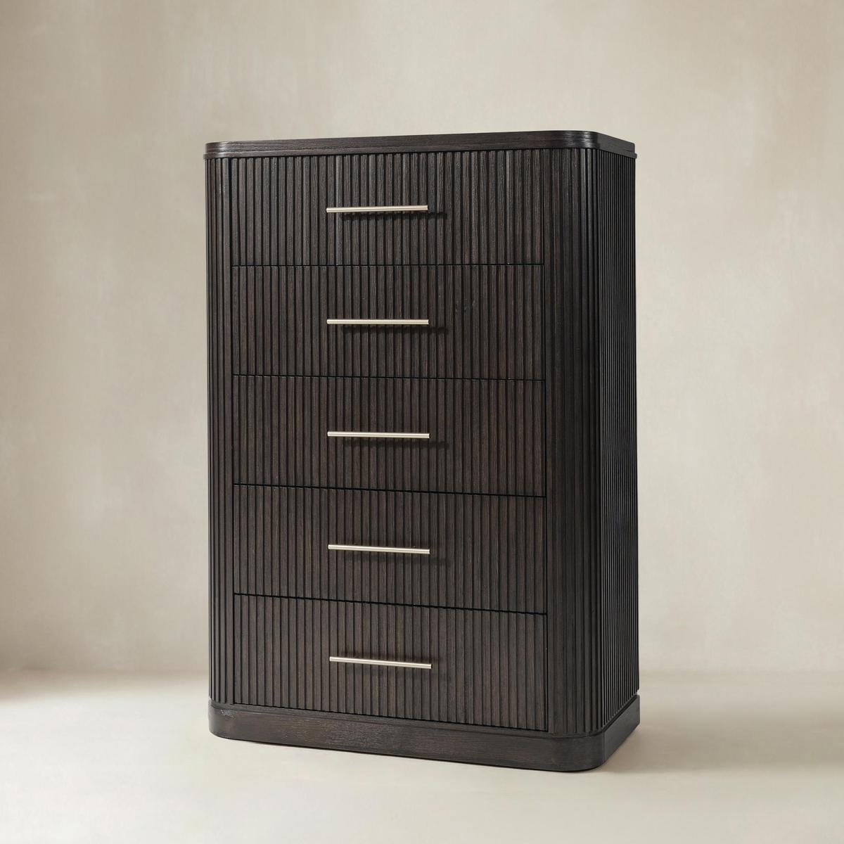 Verral Modern Solid Wood Fluted Chest with 5 Drawers & Oak Texture