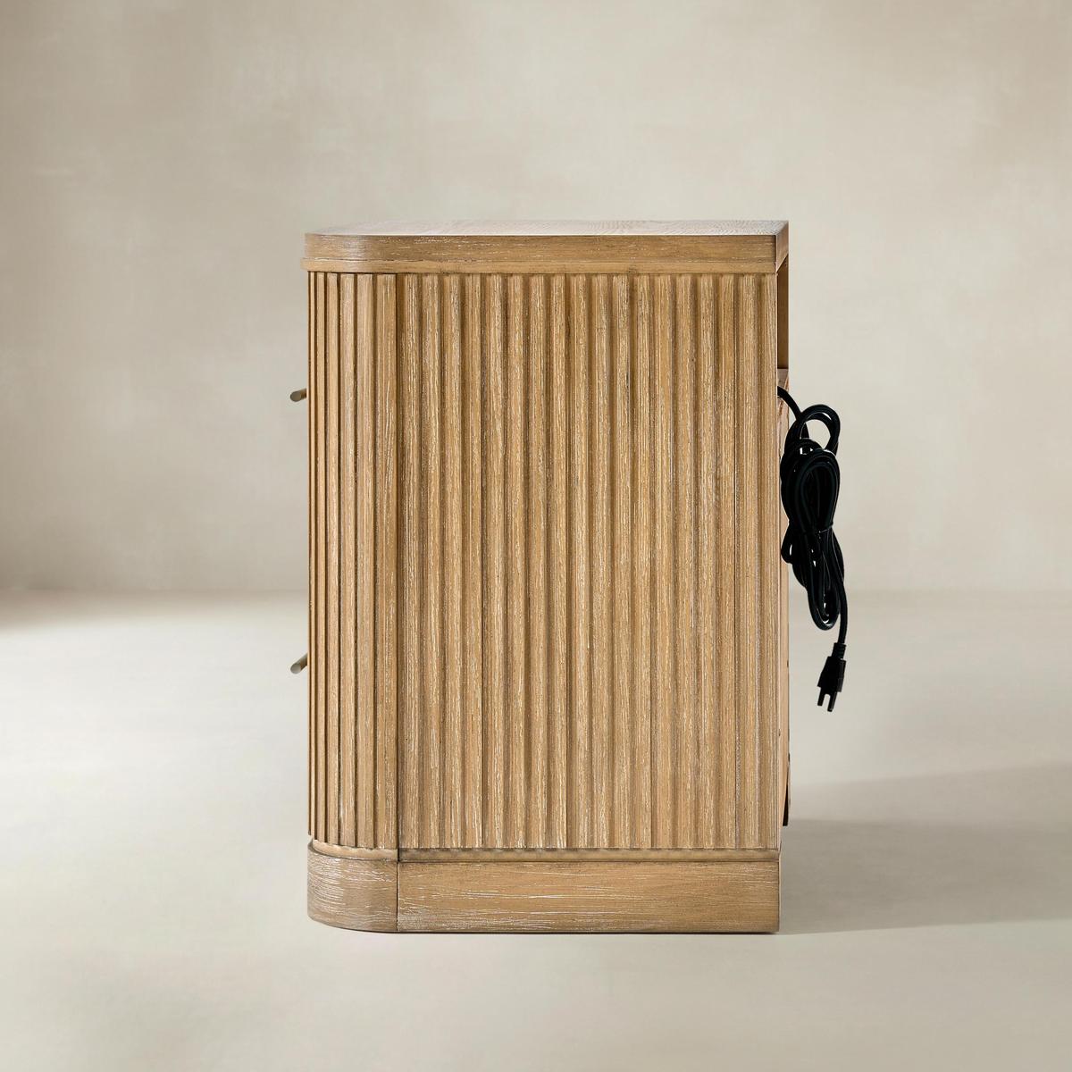 Verral Fluted Nightstand – Solid Wood with USB Ports, Oak Texture