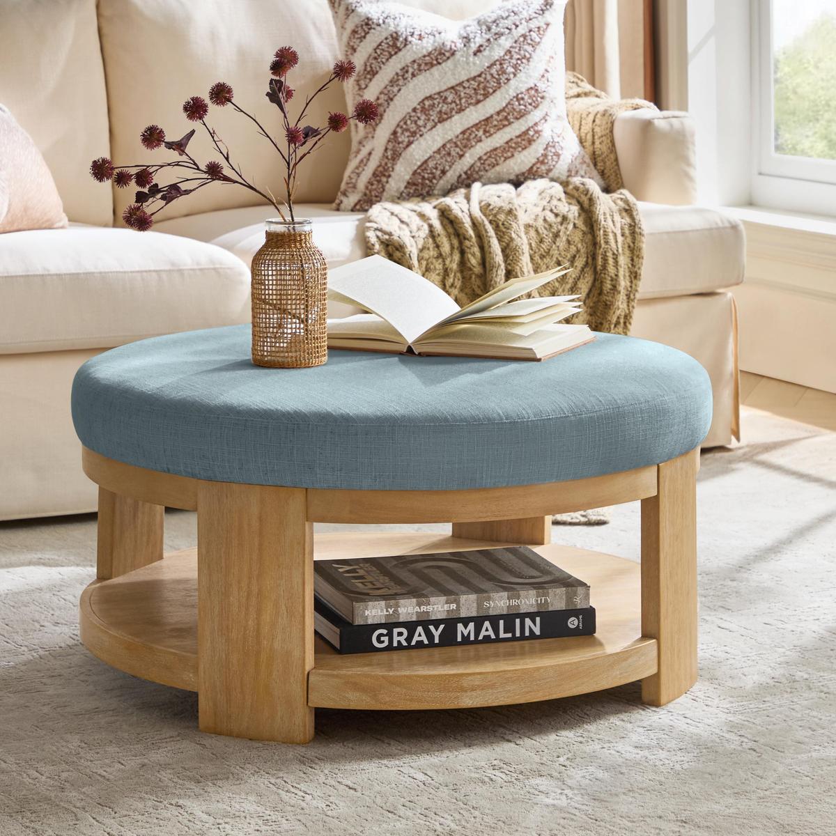 Celestia Modern Linen Round Ottoman with Storage Shelf