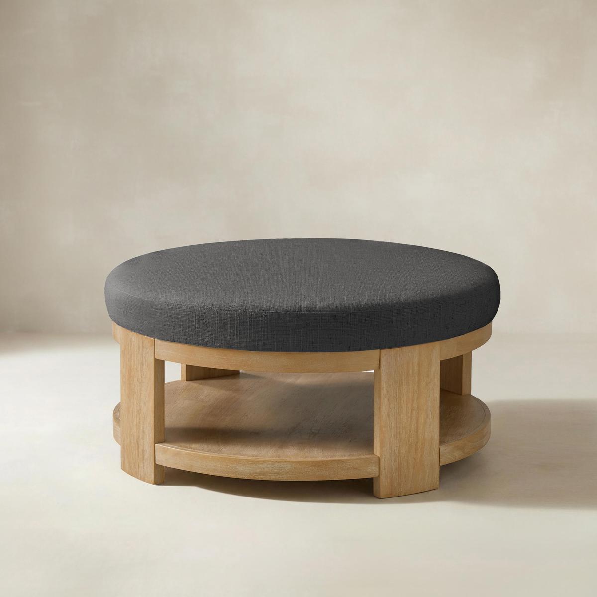 Celestia Modern Linen Round Ottoman with Storage Shelf