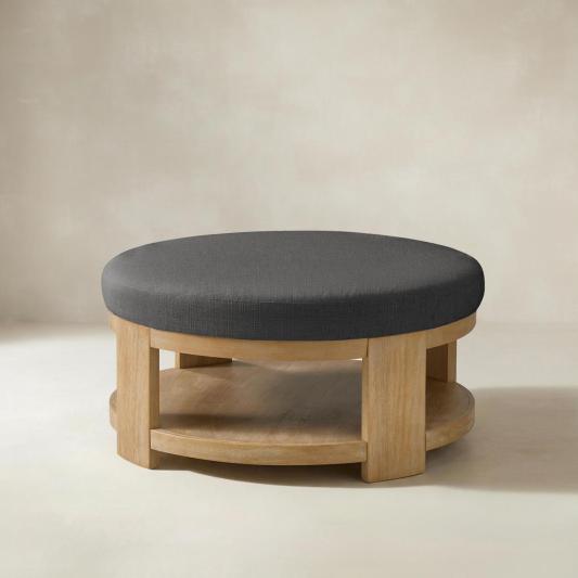 Celestia Modern Linen Round Ottoman with Storage Shelf