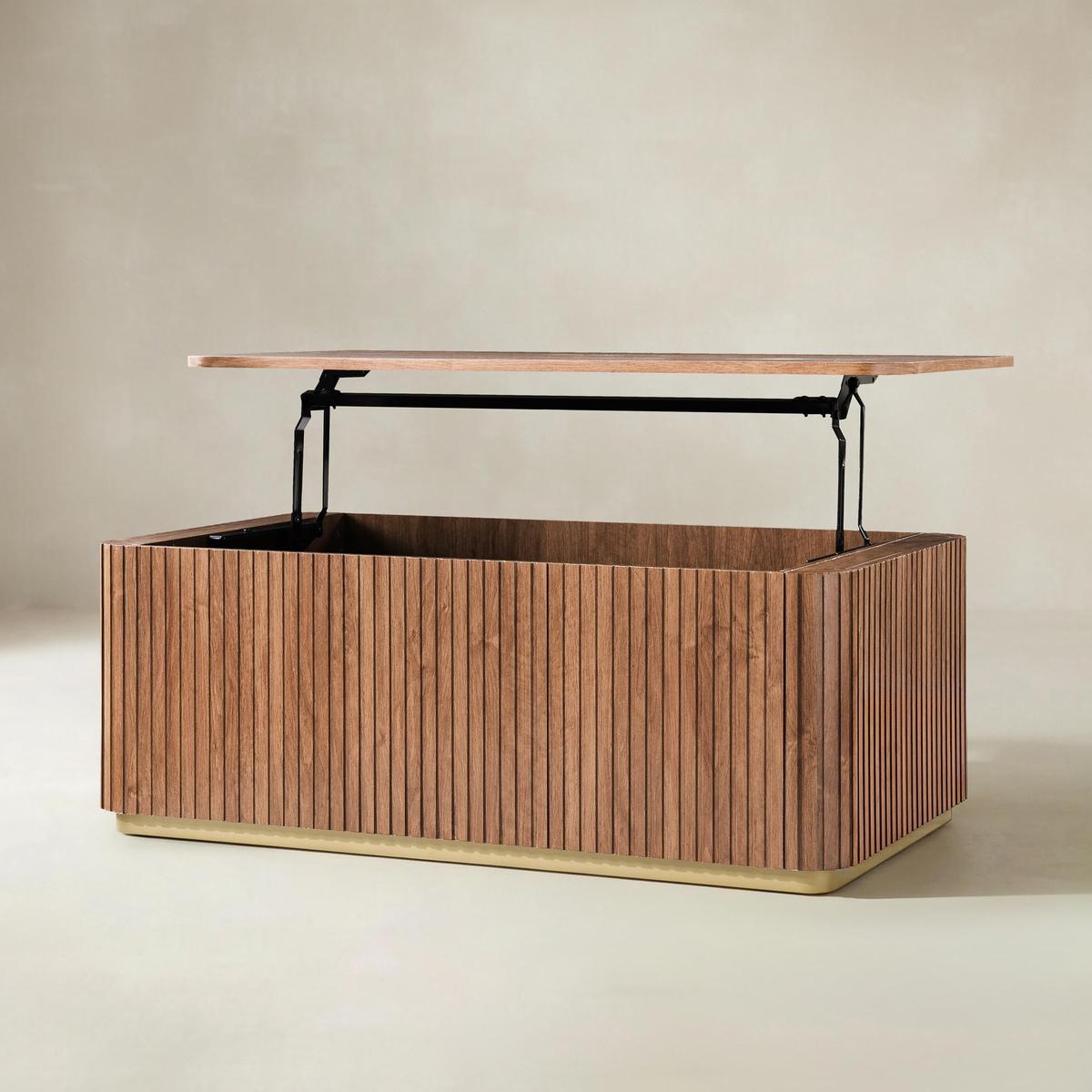 Multifunctional Slatted Design Lift-Top Coffee Table with Hidden