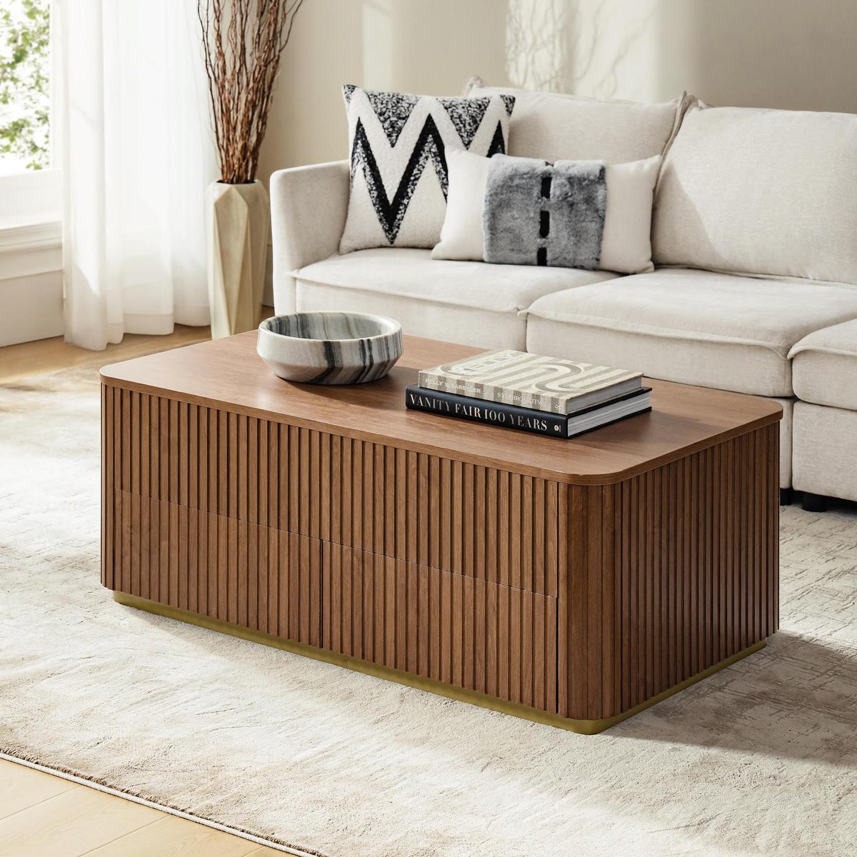 Multifunctional Slatted Design Lift-Top Coffee Table with Hidden