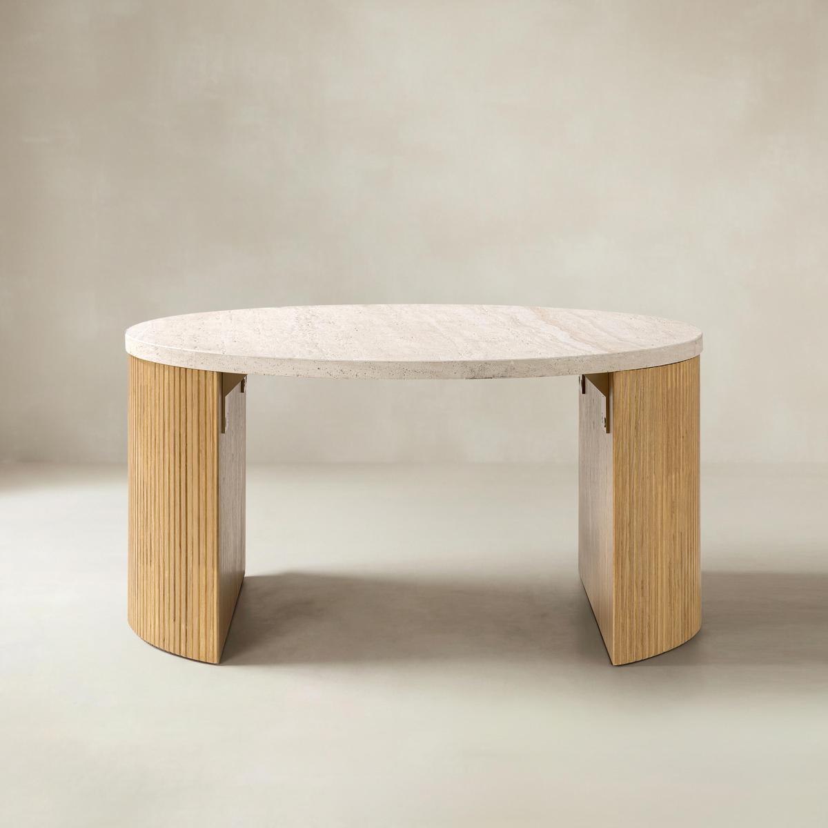 Telmo Modern Travertine Coffee Table with Fluted Wood Legs