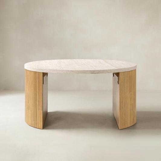 Telmo Modern Travertine Coffee Table with Fluted Wood Legs